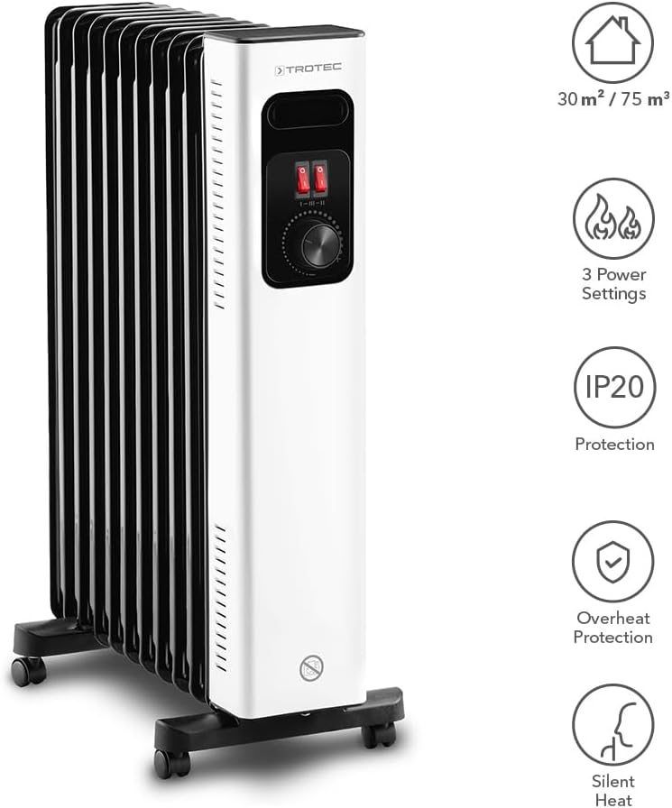 TROTEC Ölradiator TRH 27 E – Heizleistung 1200 W / 1300 W / 2500 W – Elektro Heizkörper, 11 Rippen,