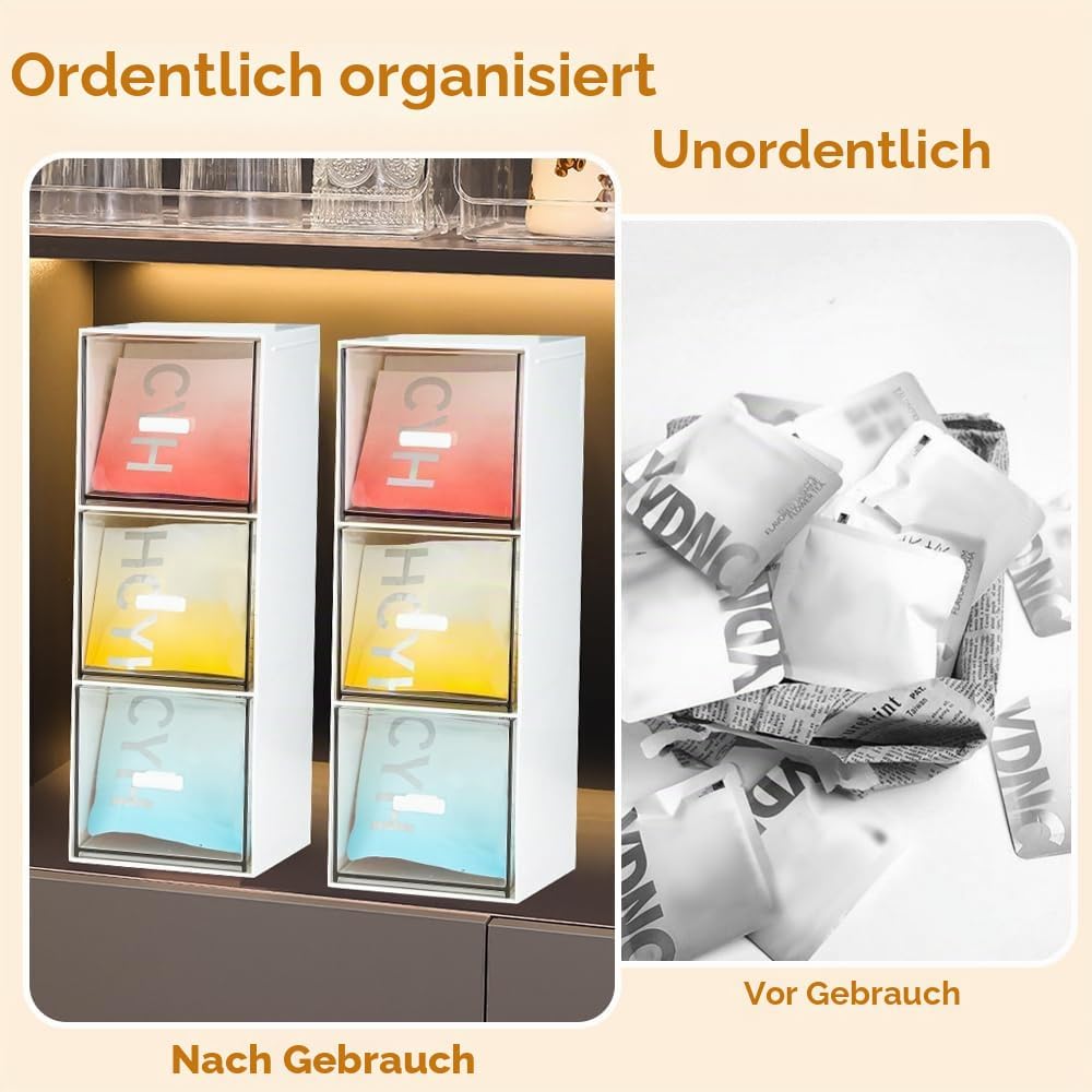 DIBALIYI 2PCS Kunststoff Organizer mit Schubladen, Klarer Deckel Schubladenbox Stapelbar, Tee Aufbew