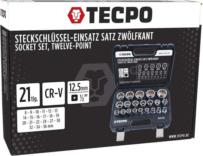 TECPO Steckschlüssel Satz Zwölfkant 1/2" Zoll SW 8-36 mm Vielzahn Nüsse KFZ Nuss