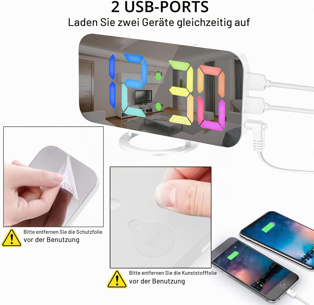 SZELAM Digitaler Wecker, Wecker am Bett, 7 Zoll LED-Spiegelwecker, mit 2 USB-Ladeanschlüssen, Snooze