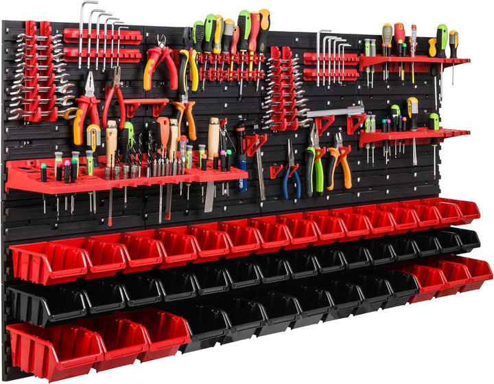Lagersystem Werkstattregal | 156 x 78 cm | 43 stck. Box | Wandregal mit Werkzeughalterungen und Stap