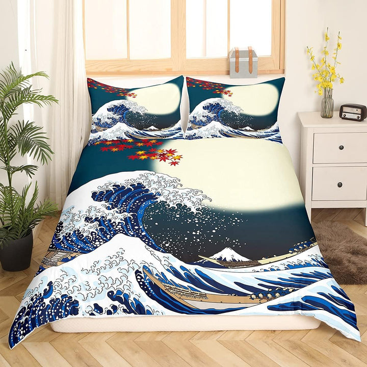 Loussiesd Japanisches Hokusai Muster Bett Set Exotisches Bettbezug Set im japanischen Stil Blue Wave