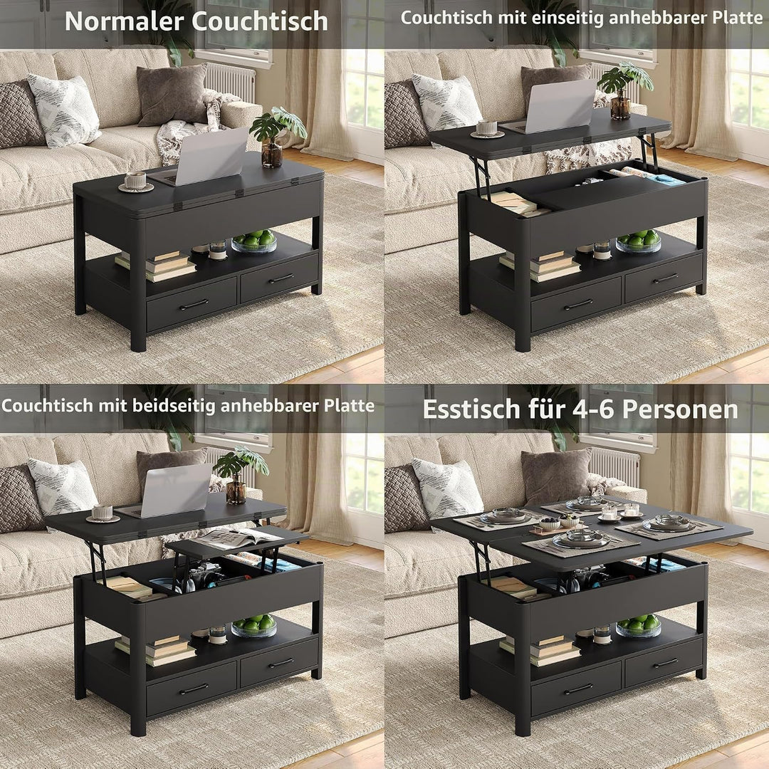 Furnihold Höhenverstellbarer Couchtisch mit Schubladen und Geheimfach, Konvertierbarer Wohnzimmertis