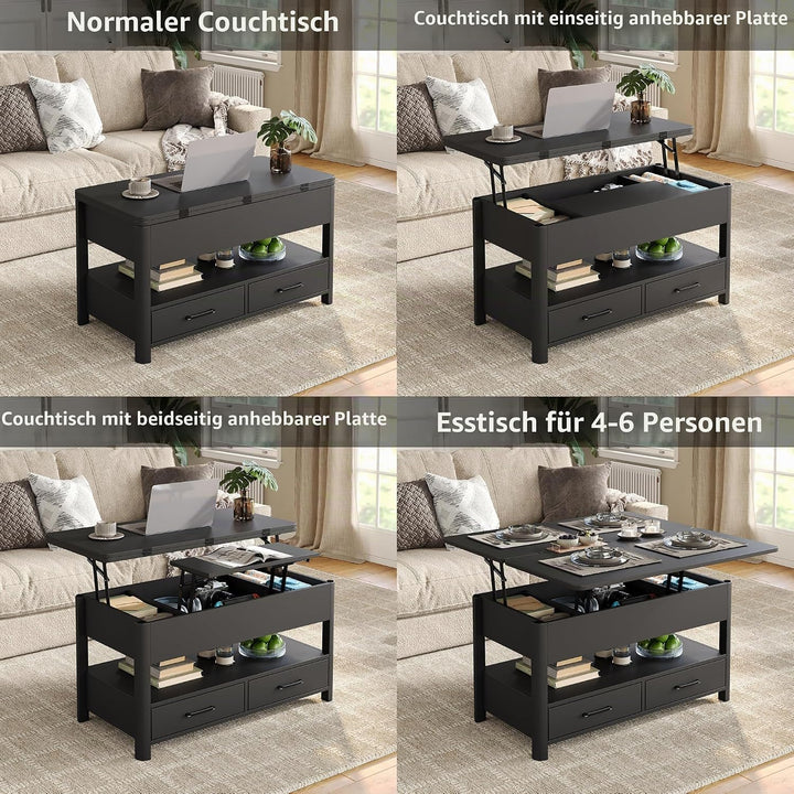 Furnihold Höhenverstellbarer Couchtisch mit Schubladen und Geheimfach, Konvertierbarer Wohnzimmertis