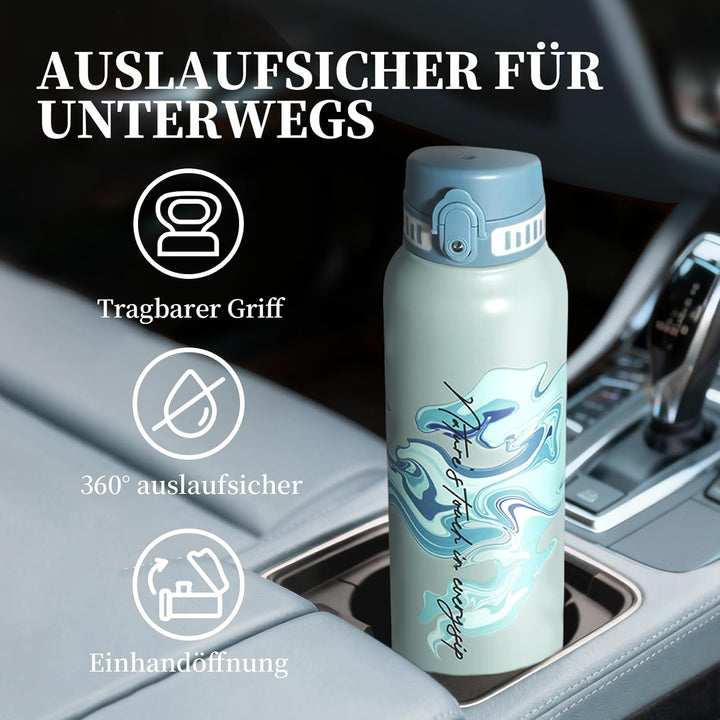 UZSPACE Edelstahl Trinkflasche 1l (970ml), Isolierte Thermosflasche mit 1-Klick-Öffnung, 100% Auslau