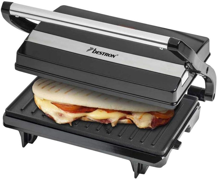 Bestron elektrischer Kontaktgrill mit Auffangschale, Sandwichmaker mit Cool-Touch-Handgriff, Paninim