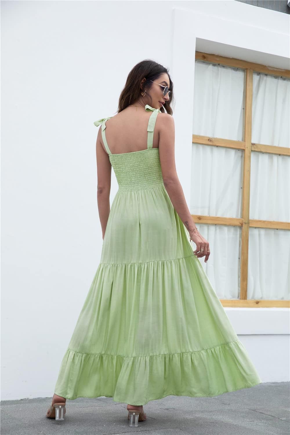 Kinstel Damen Sommer Boho Spaghetti Strap Square Neck Rüschen Casual Flowy Langes Kleid Strand Swing