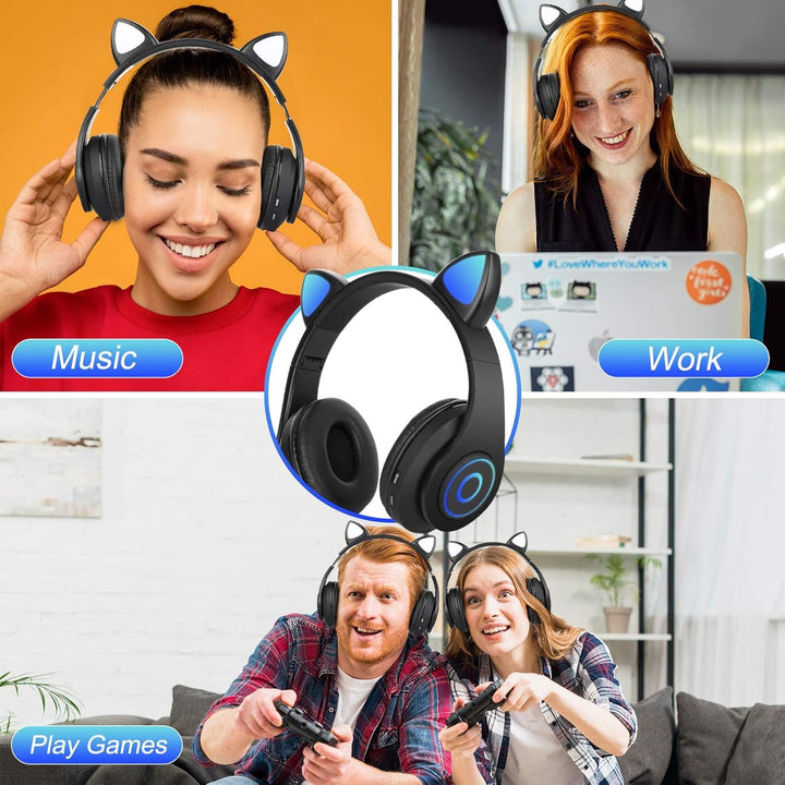 Sendowtek Kinder Kopfhörer, Bluetooth Kinderkopfhörer Over Ear Niedlich Katze mit Ohr Blinkendes Lic