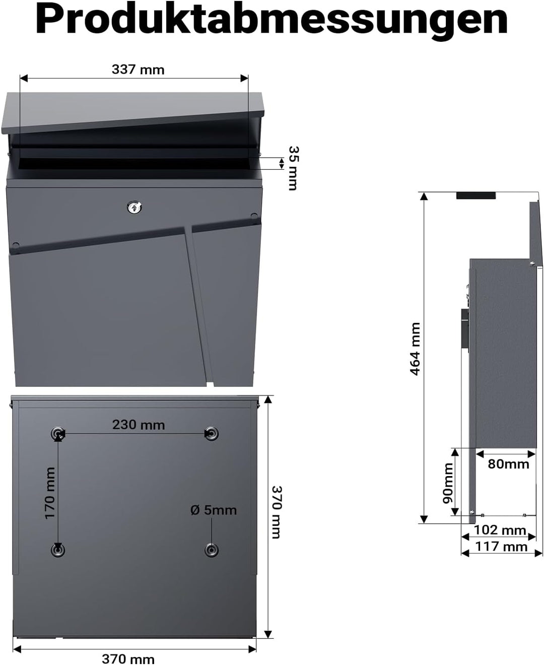 Wiltec Designer Briefkasten V23 anthrazit 370 x 105 x 370 mm, Wandbriefkasten mit Schloss und Zeitun