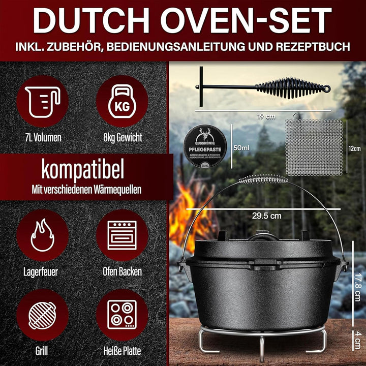 GUSSKÖNIG Dutch Oven Set [7L ] - Eingebrannter Feuertopf mit praktischem Deckelheber und Edelstahl U
