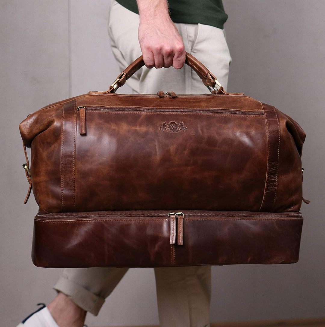 SID & VAIN Reisetasche mit separatem Schuh-Fach Kingston aus Premium Leder I Sporttasche XL gross fü