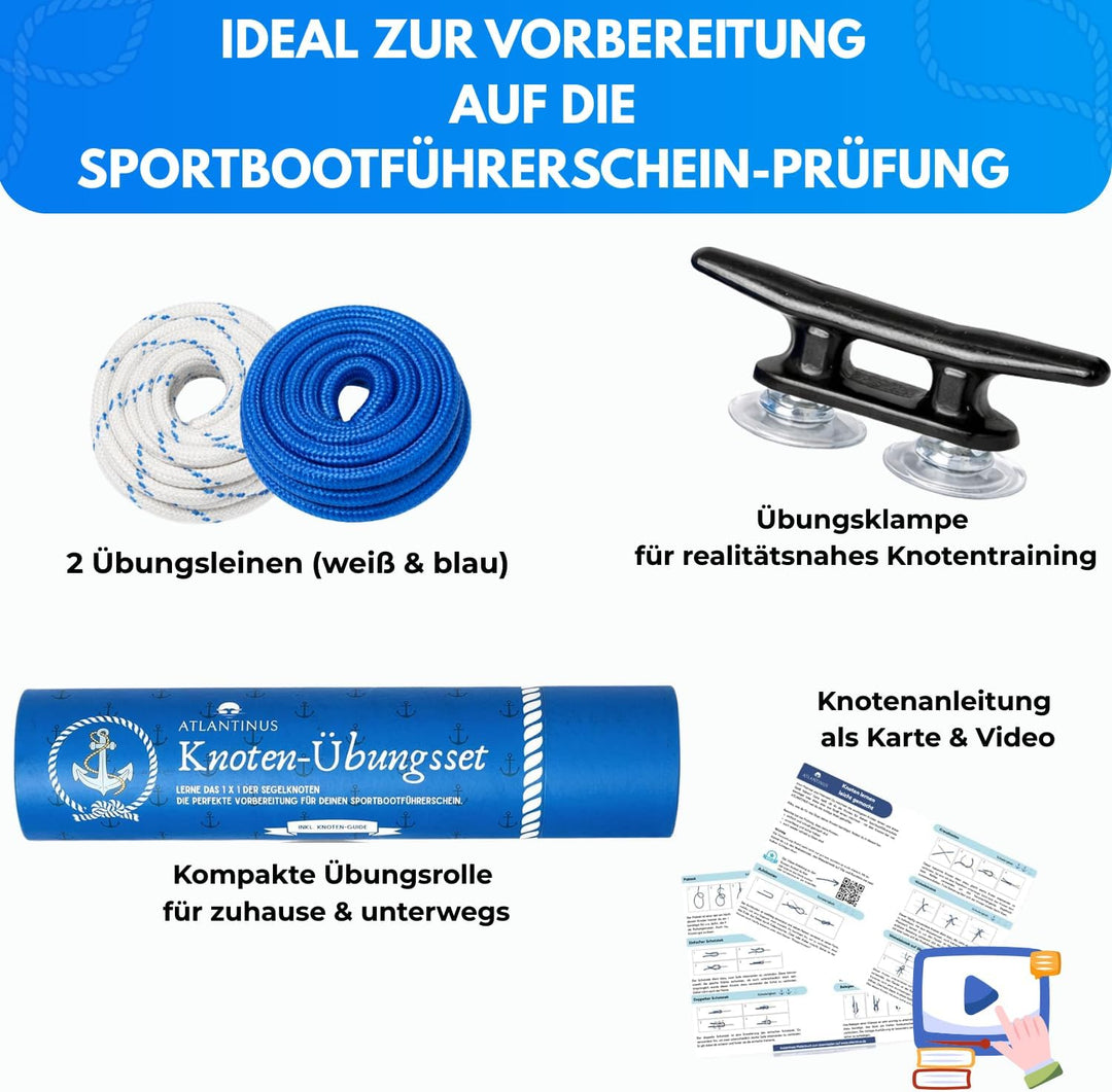 Knoten-Übungsset für den Sportbootführerschein See Binnen SBF mit Video-Anleitung - inkl. 2 x Seilen