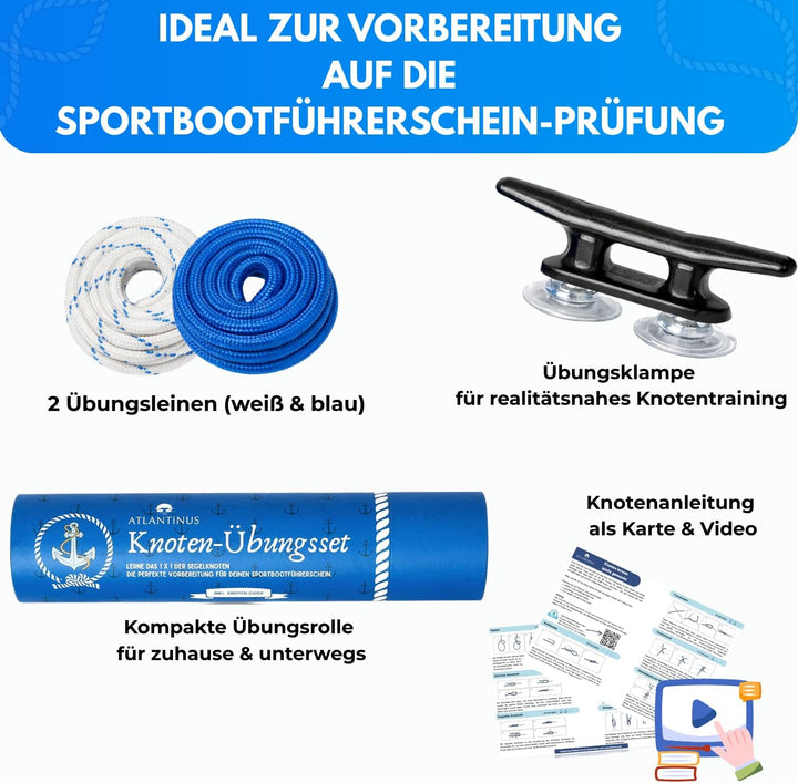 Knoten-Übungsset für den Sportbootführerschein See Binnen SBF mit Video-Anleitung - inkl. 2 x Seilen