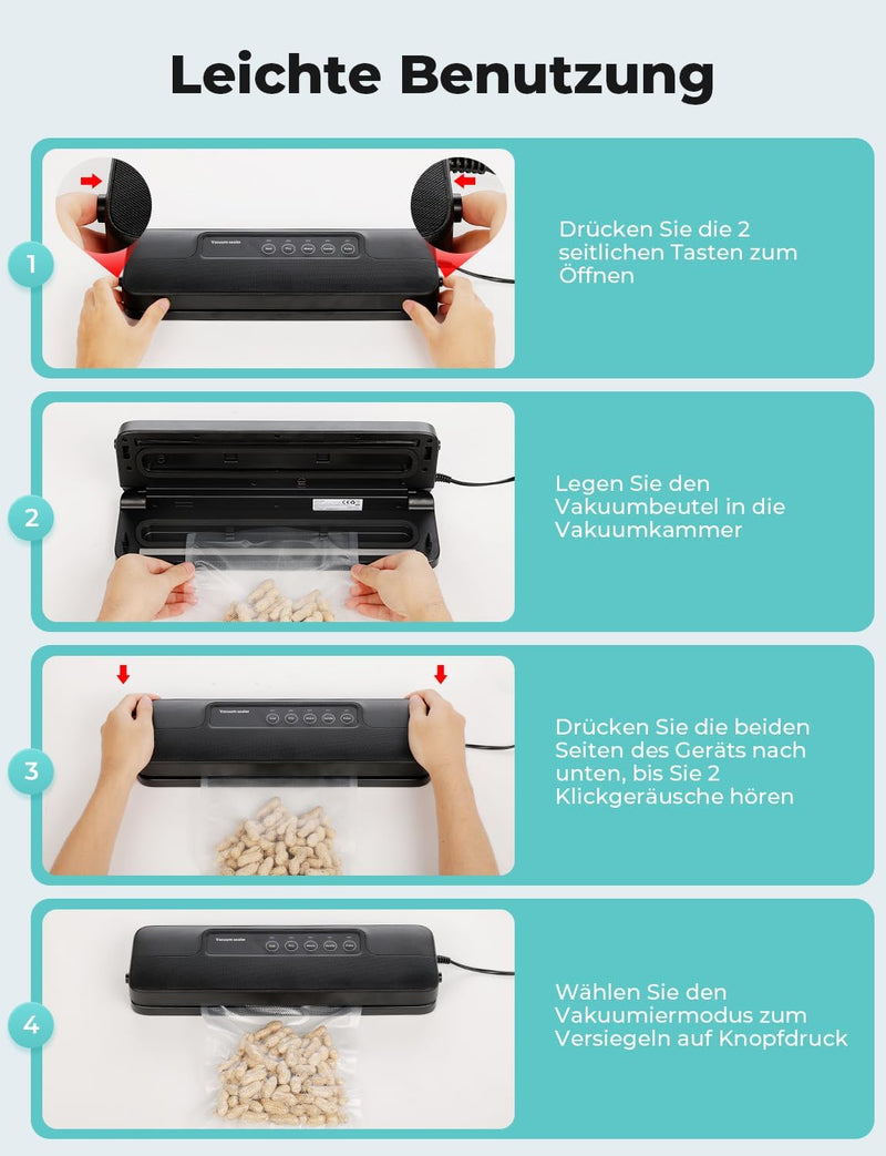 Vihoom Vakuumiergerät 5 in 1, Vakuumierer Lebensmittel 8x Länger Frisch, Folienschweissgerät inkl.10