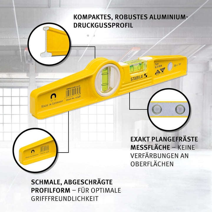 STABILA Magnet-Wasserwaage Type 81 S REM Torpedo mit Tasche, 25 cm, Alu-Gussprofil, Seltenerd-Magnet