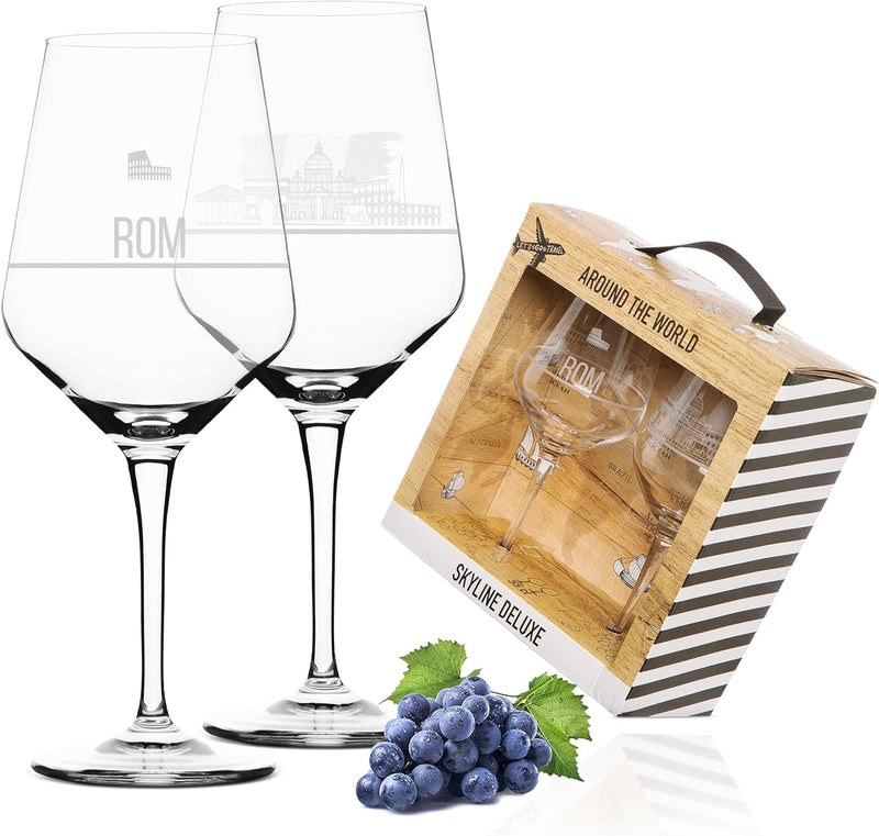 2er Set Weinglas Rom in schöner Geschenkbox | Hochwertiger Siebdruck im eleganten Ätzweiss, detailli