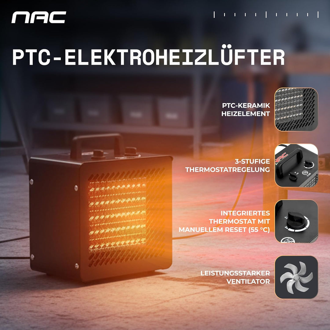 NAC Elektrischer Keramik Heizlüfter 3000 Watt - Heizstrahler mit Thermostat, Heizung Elektrisch - He