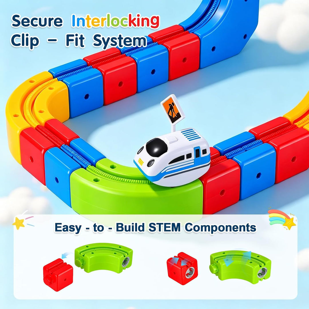 81PCS Elektrisches Zugset, DIY Cube Track Block mit Schwerkraft Defying 3D-Layouts, Eisenbahn Kinder