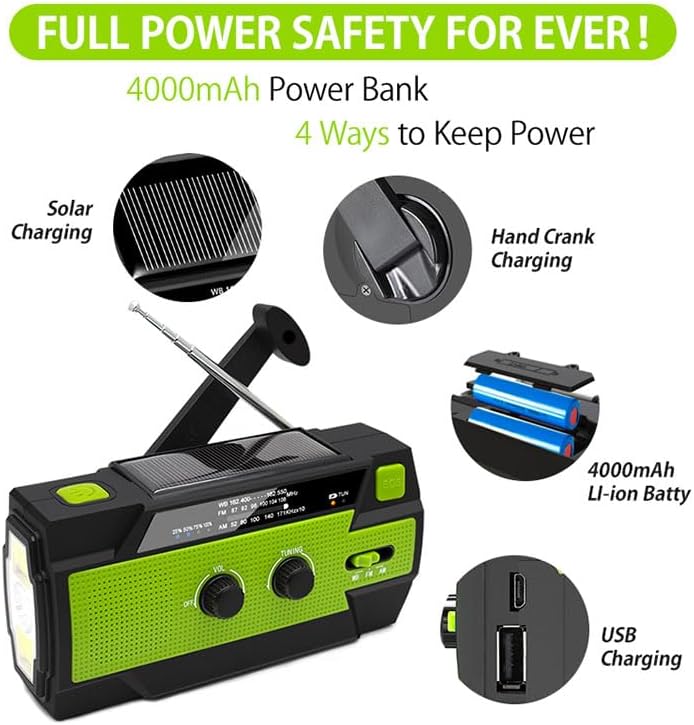 Solarbetriebenes Notfall-Kurbelradio mit AM/FM, 4000mAh wiederaufladbarer Batterie, LED-Taschenlampe