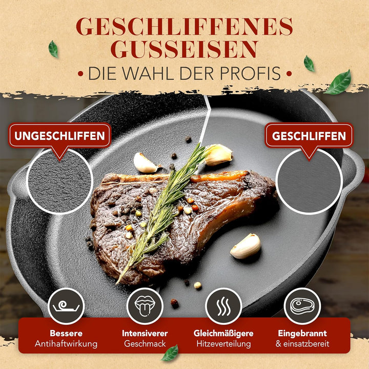 KRUSTENZAUBER Gusseisenpfanne Induktion 32cm Doppelgriff - inkl. Anleitung und Rezeptbuch - Geschlif