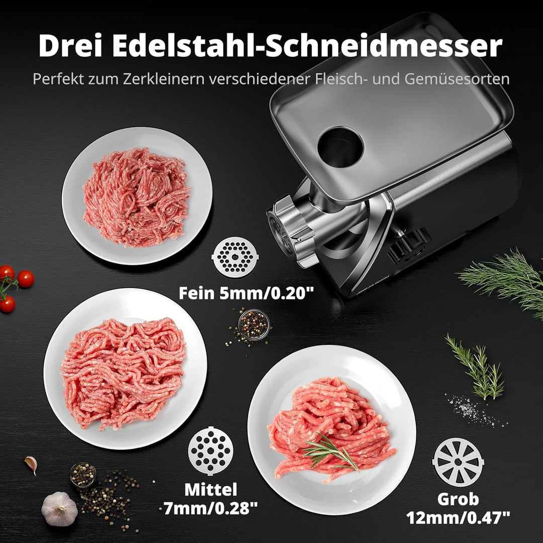 AIRMSEN Elektrischer Fleischwolf mit Wurstfüller, 2 Edelstahlklingen, 3 Mahlplatten und Kubbe-Zubehö