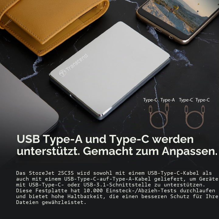 Transcend 2TB USB 3.1 Gen 1 USB Type-C StoreJet 25C3S SJ25C3S externe Festplatte TS2TSJ25C3S, 2TB