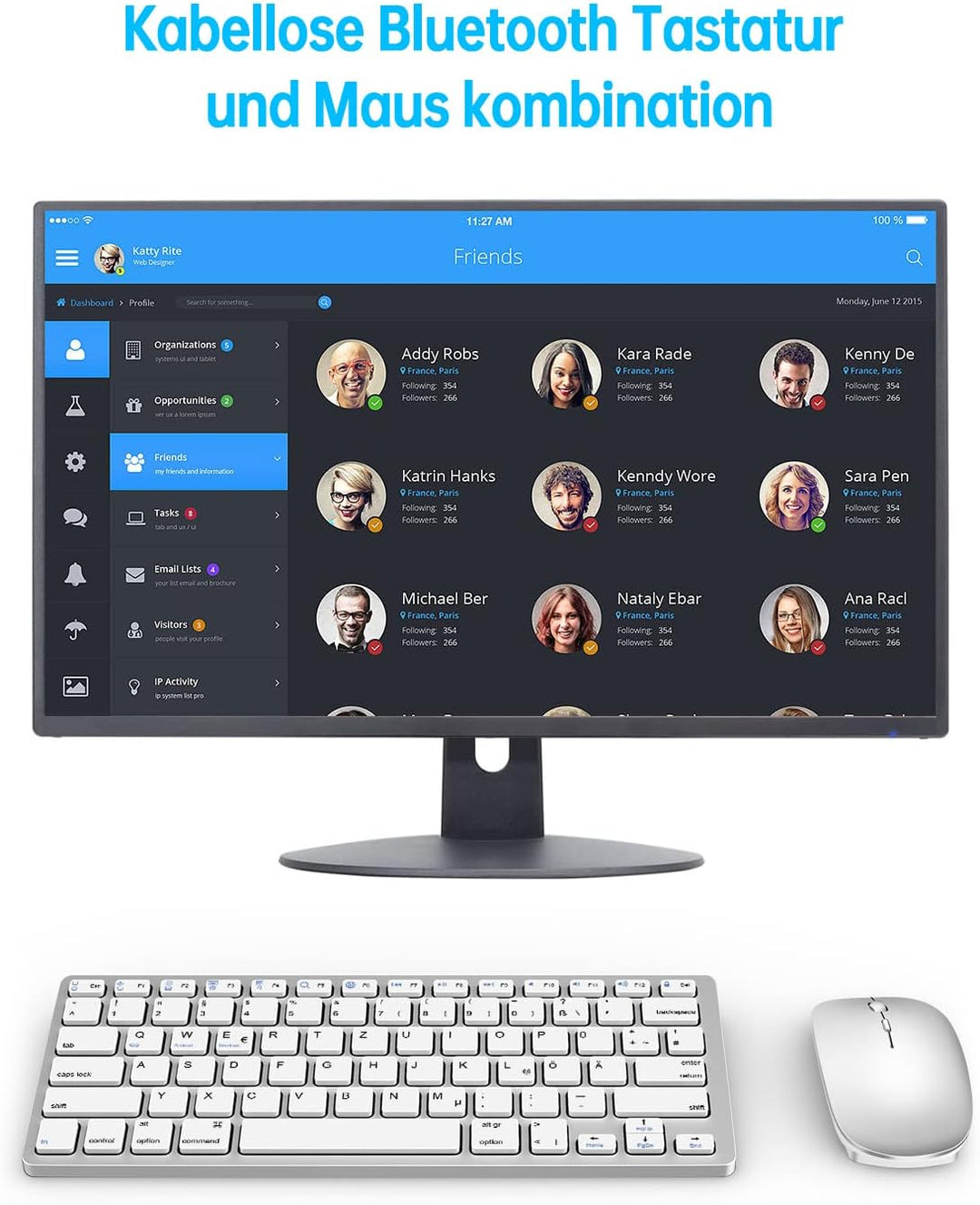 DE Layout Tastatur Maus Set Kabellos, Bluetooth Tastatur mit Maus für Tablet/iPad/Laptop/Phone, Komp