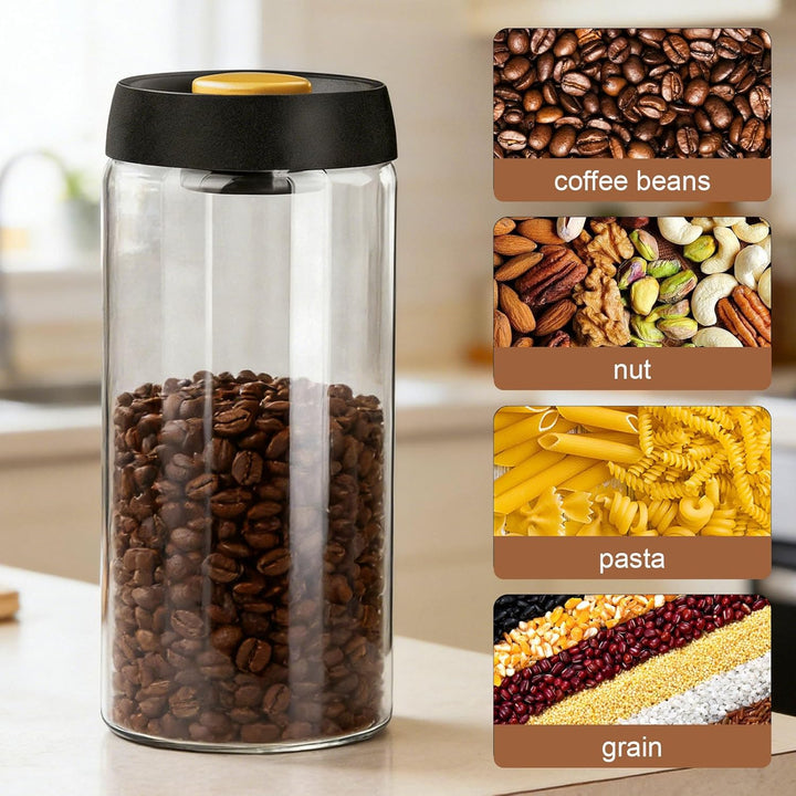 Vakuum-Kaffeedose 1800 ml, Kaffeedose Luftdicht aus Glas, Kaffeebohnenbehalter mit Vakuum Deckel, Au