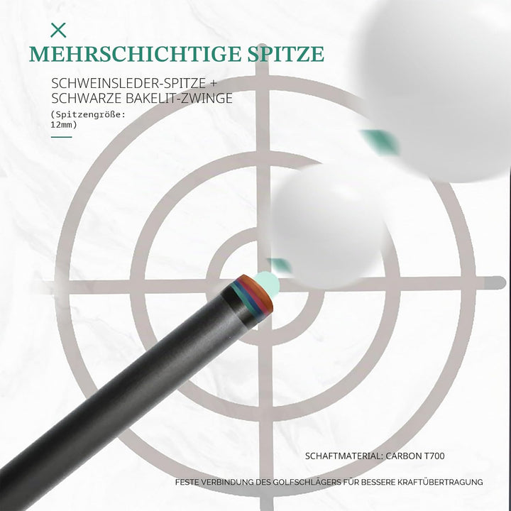 Billardqueue aus Kohlefaser, 58 Zoll, 1/2-Zoll-Struktur, 3-Zahn-Anschluss, 12,4 mm Spitze, 540-567 g