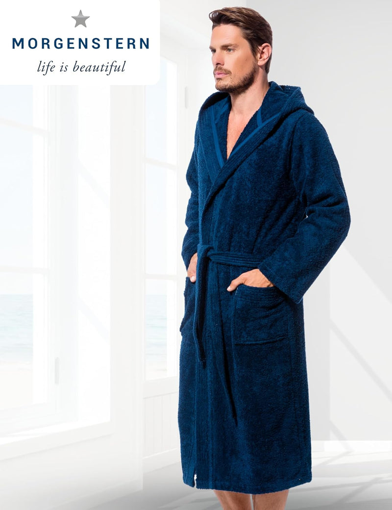 Morgenstern Bademantel Herren Kapuze Frottee 100% Baumwolle Lang Cadiz Salamanca XL Marine, XL Marin