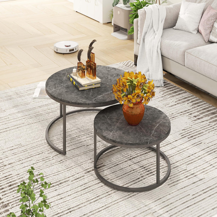 hitsuki Couchtisch Rund 2er Set, Marmor Couchtisch Grau Metallgestell Wohnzimmertisch Grau, Beistell