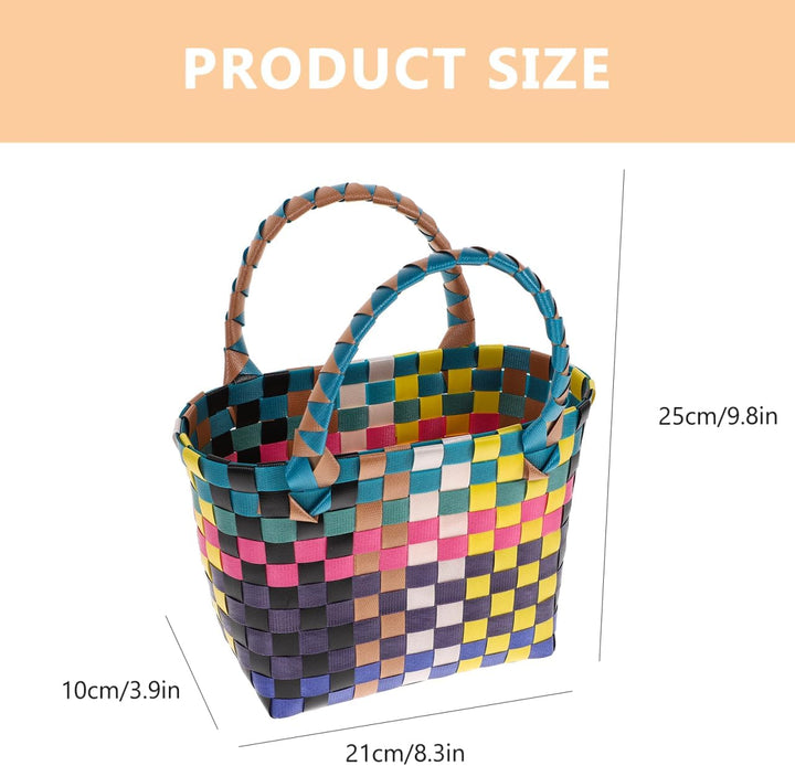 BESTOYARD Geflochtener Einkaufskorb Aus Hochwertigem Pvc - Bunter Tragbarer Aufbewahrungskorb Mit He