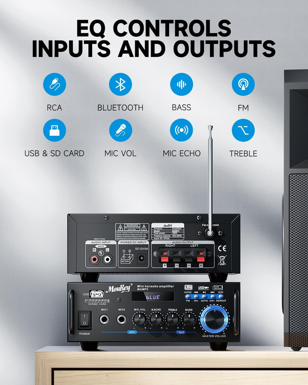 Moukey 2.0 Kanal Stereo Bluetooth Karaoke Verstärker, 100W Stereo Audio Verstärker Empfänger, Verstä