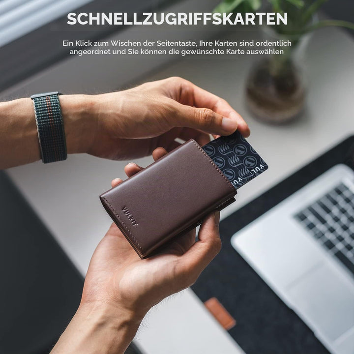 VULKIT Kreditkartenetui RFID-blockierende Pop-Up-Kartentasche aus Echtem Leder mit Geldscheinfach, A