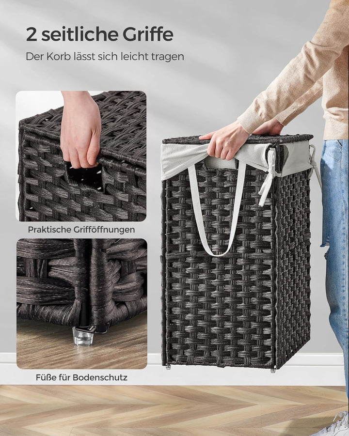 SONGMICS Wäschekorb 90 Liter, handgeflochten, Wäschesammler aus synthetischem Rattan, mit Deckel und