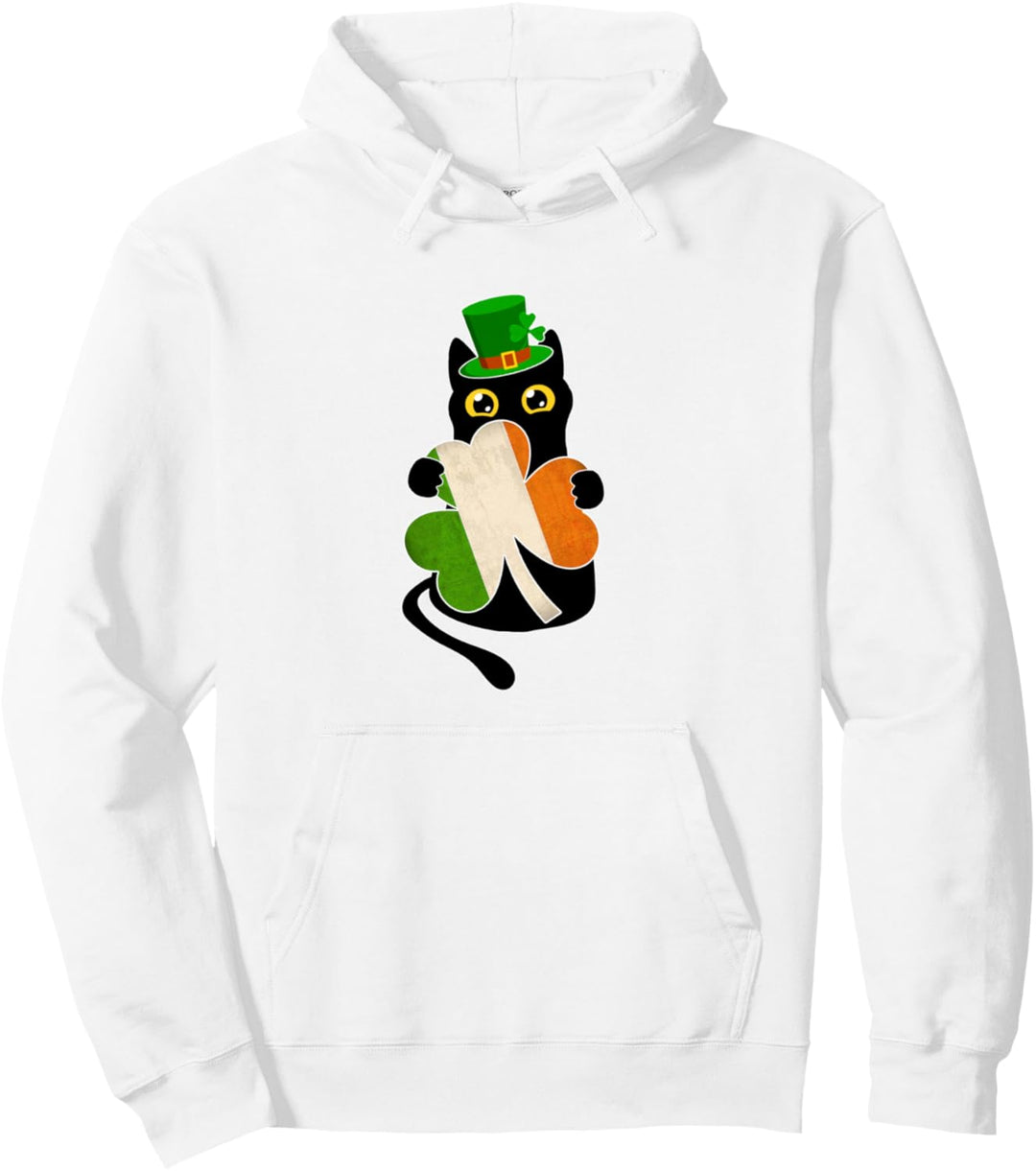 Lustige schwarze Katze mit Kleeblatt, irischer St. Patricks Day Lucky Pullover Hoodie