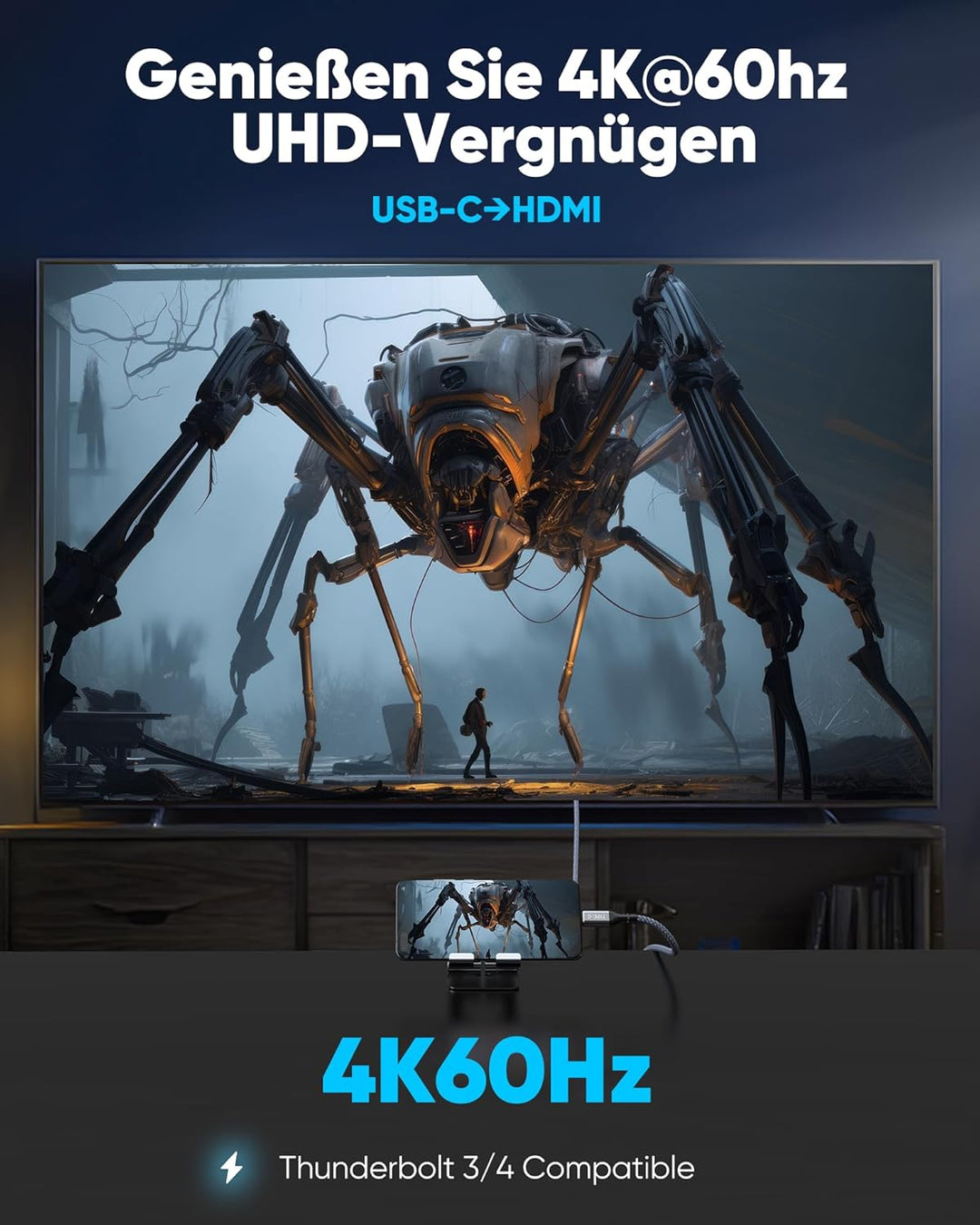 Highwings USB C auf HDMI Kabel 4K@60Hz 1M, USB C HDMI Kabel UHD Thunderbolt 3/4 Kompatibel für iPhon