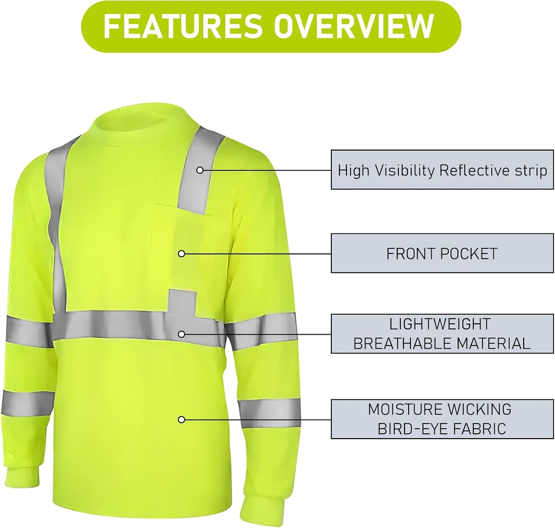 6er-Pack reflektierende Sicherheitsshirts, langärmlig, atmungsaktiv, hochsichtbare reflektierende T-
