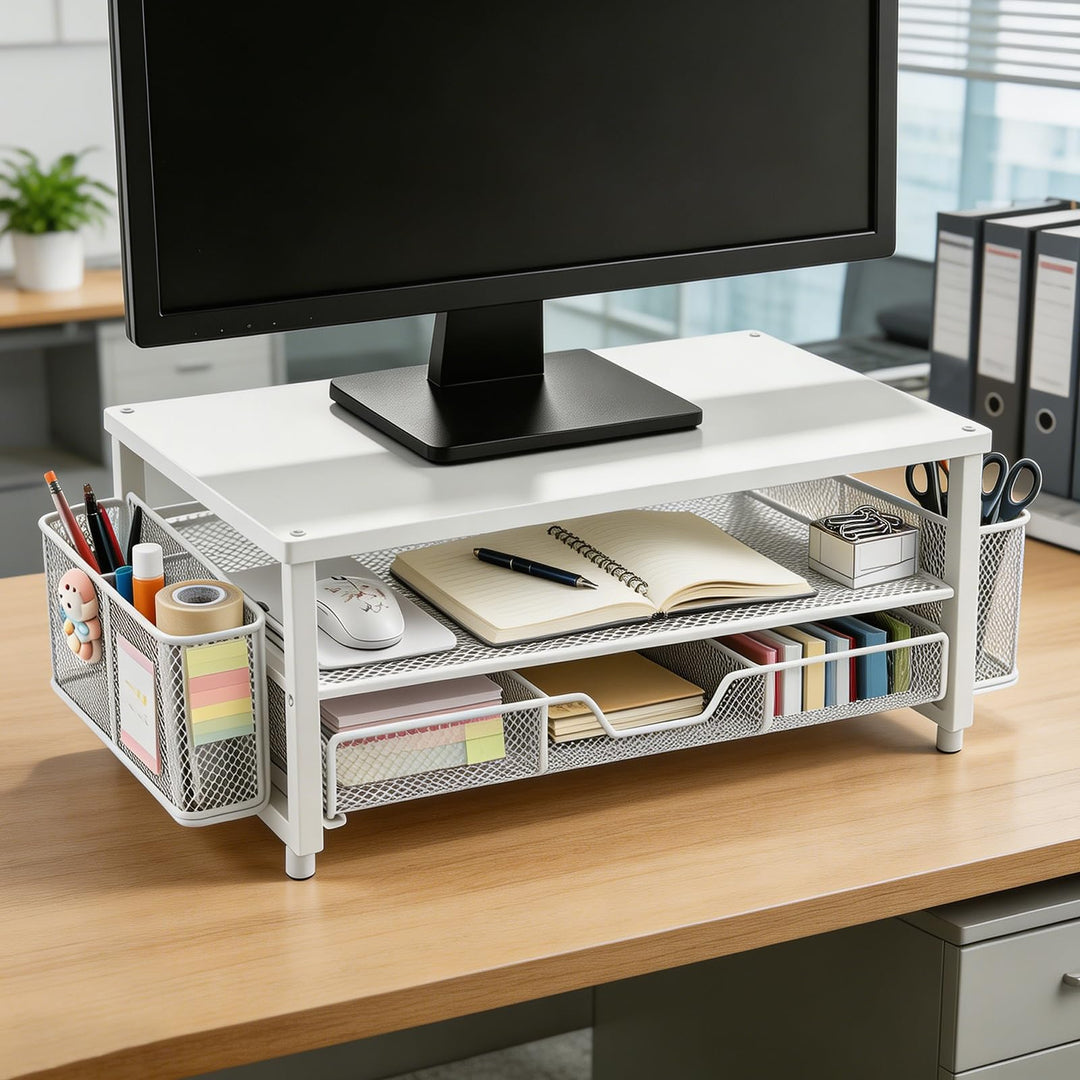 Monitor Erhöhung, ergonomischer Monitorständer mit Schublade und 2 Stifthaltern, Schreibtisch Organi