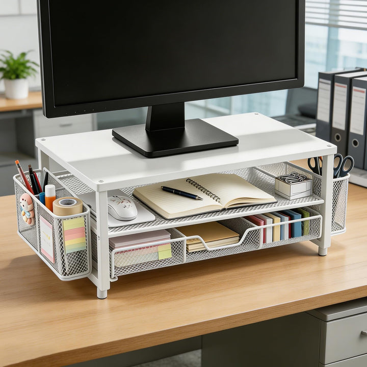 Monitor Erhöhung, ergonomischer Monitorständer mit Schublade und 2 Stifthaltern, Schreibtisch Organi