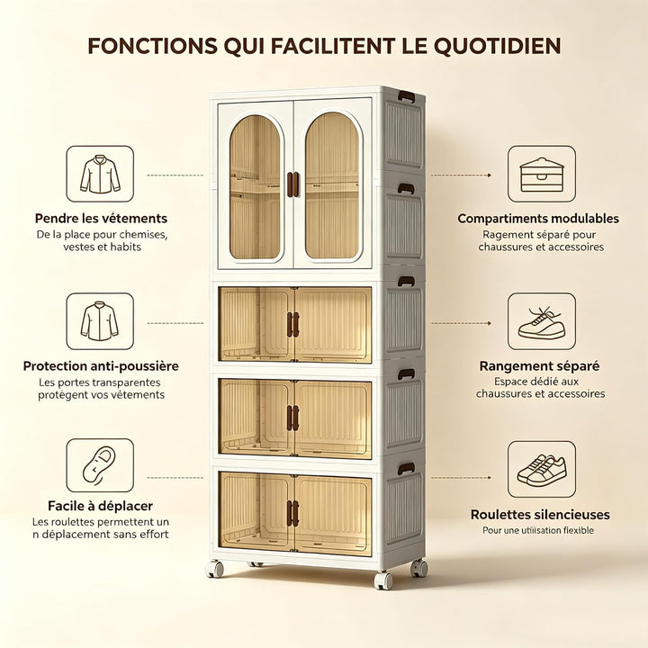 Faltbarer Kleiderschrank mit Rollen, 455L, 4 Ebenen Kunststoffschrank, Transparente Türen, Staubdich