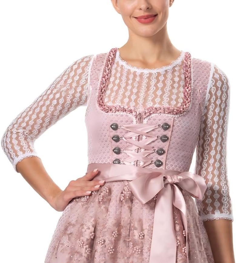 Dirndlwelle Dirndl Bluse Damen Langarm Spitze Dirndlbluse Damen 3/4 Arm Trachtenmode Knöpfe Button D