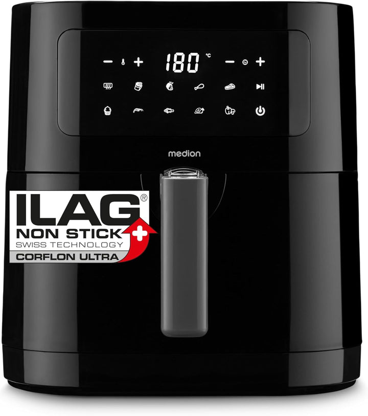 MEDION E40 XL Heissluftfritteuse (5,2 Liter Frittierkorb, 2.150 Watt, 9 Automatikprogramme, Backfunk