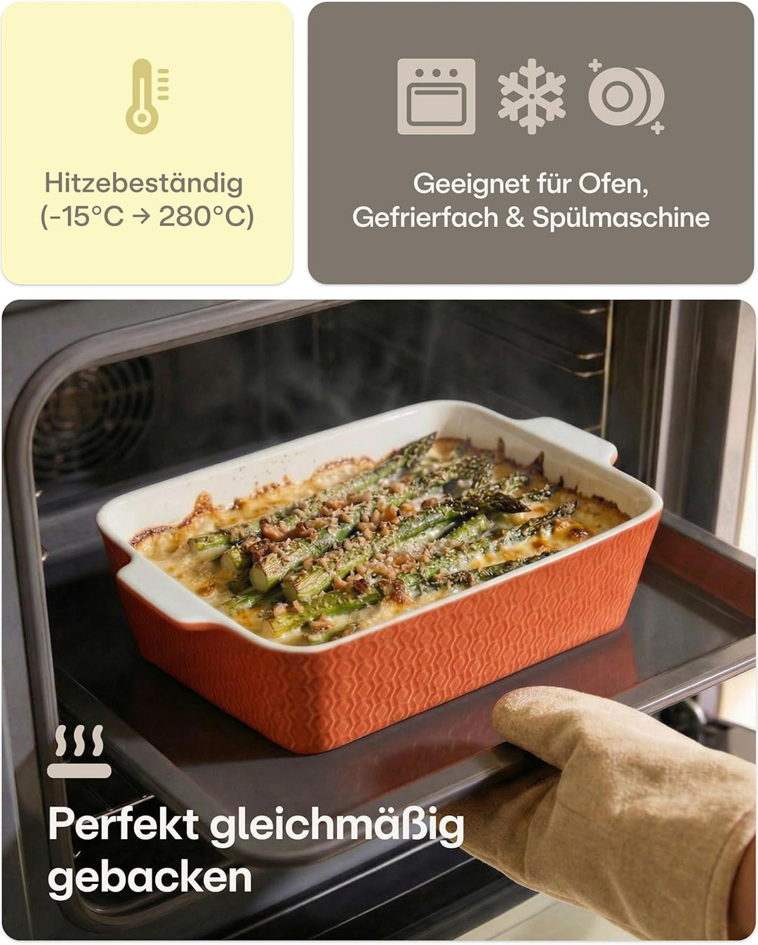 Auflaufform Gross aus Keramik - Extra Hoher Rand - Für Lasagne, Tiramisu & Auflauf - Eckig - Rot, Ro