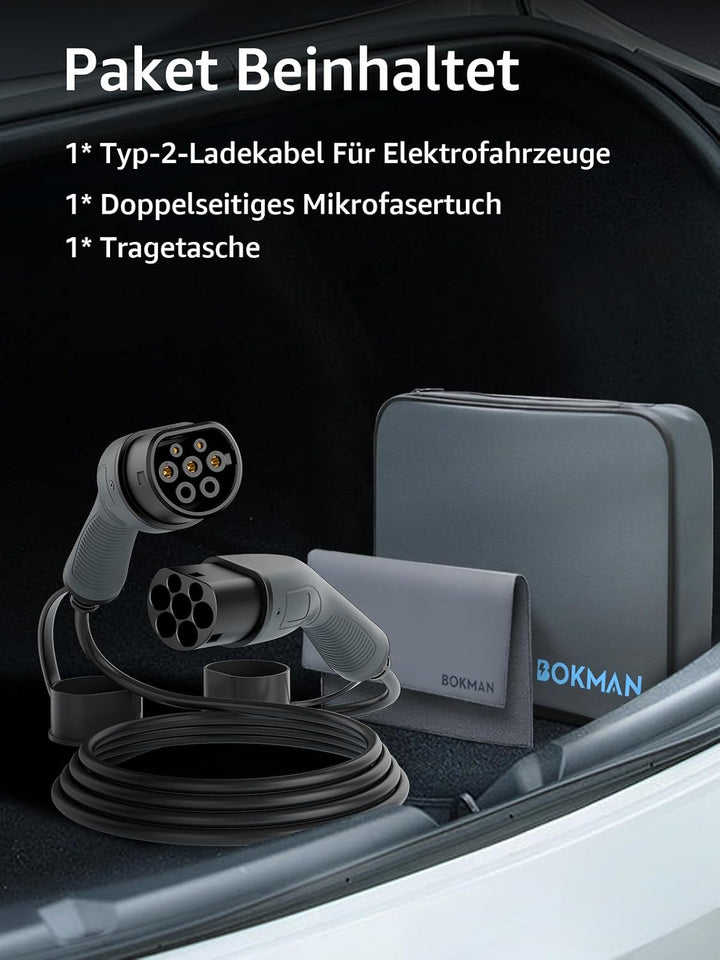 bokman Typ 2 Ladekabel, 11kW / 16A / 3-Phasig / 8 Meter/Modus 3, Typ 2 auf Typ 2 EV Ladekabel für El