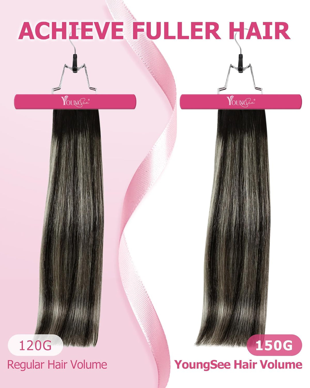 YoungSee Echthaar Extensions Clip Ombre Schwarz 7 Stück 30cm Clip in Extensions Echthaar Schwarz Bal