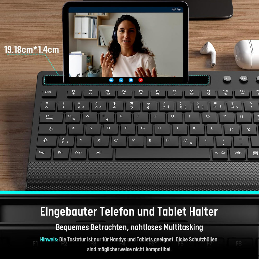 Tastatur Maus Set Kabellos, Leise 2,4 GHz Tastatur in voller Grösse mit Handballenauflage, Telefonha