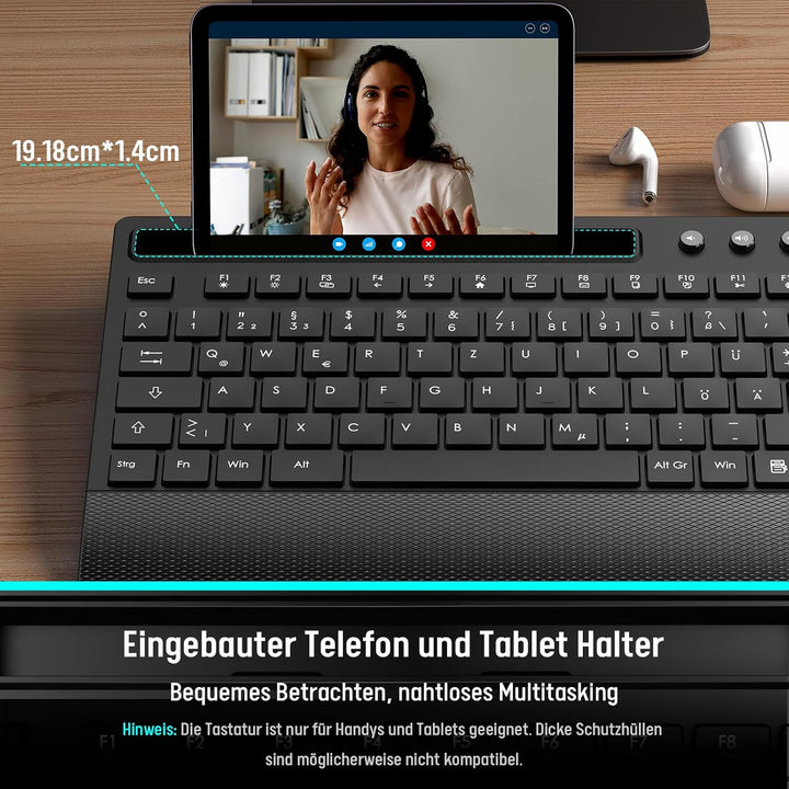 Tastatur Maus Set Kabellos, Leise 2,4 GHz Tastatur in voller Grösse mit Handballenauflage, Telefonha