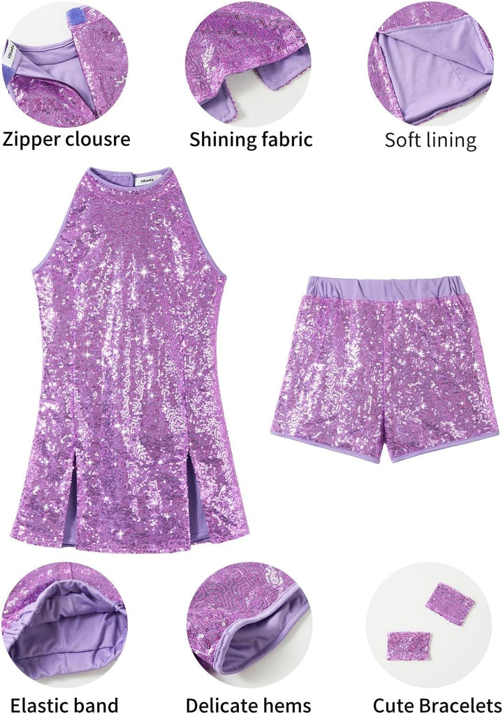 LOLANTA Mädchen Pailletten-Kostüm Hip Hop Dancewear Funkelndes Tanzkleid Gesetzt 4-5 Jahre Hellviole