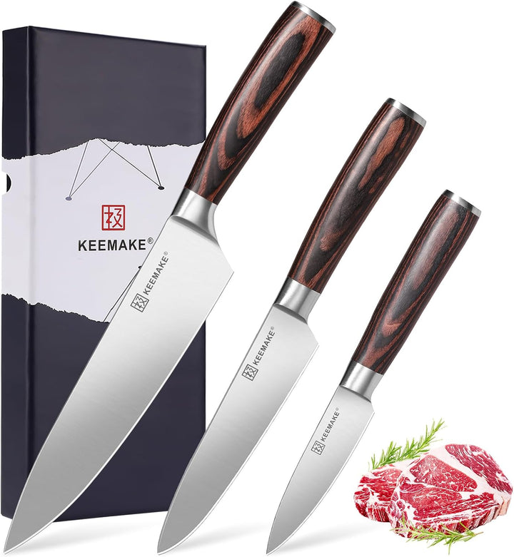 KEEMAKE Messerset Küche 3 teilig, Scharfe Messer Set mit 8-18cm Klingen gefertigt aus hochwertigem E